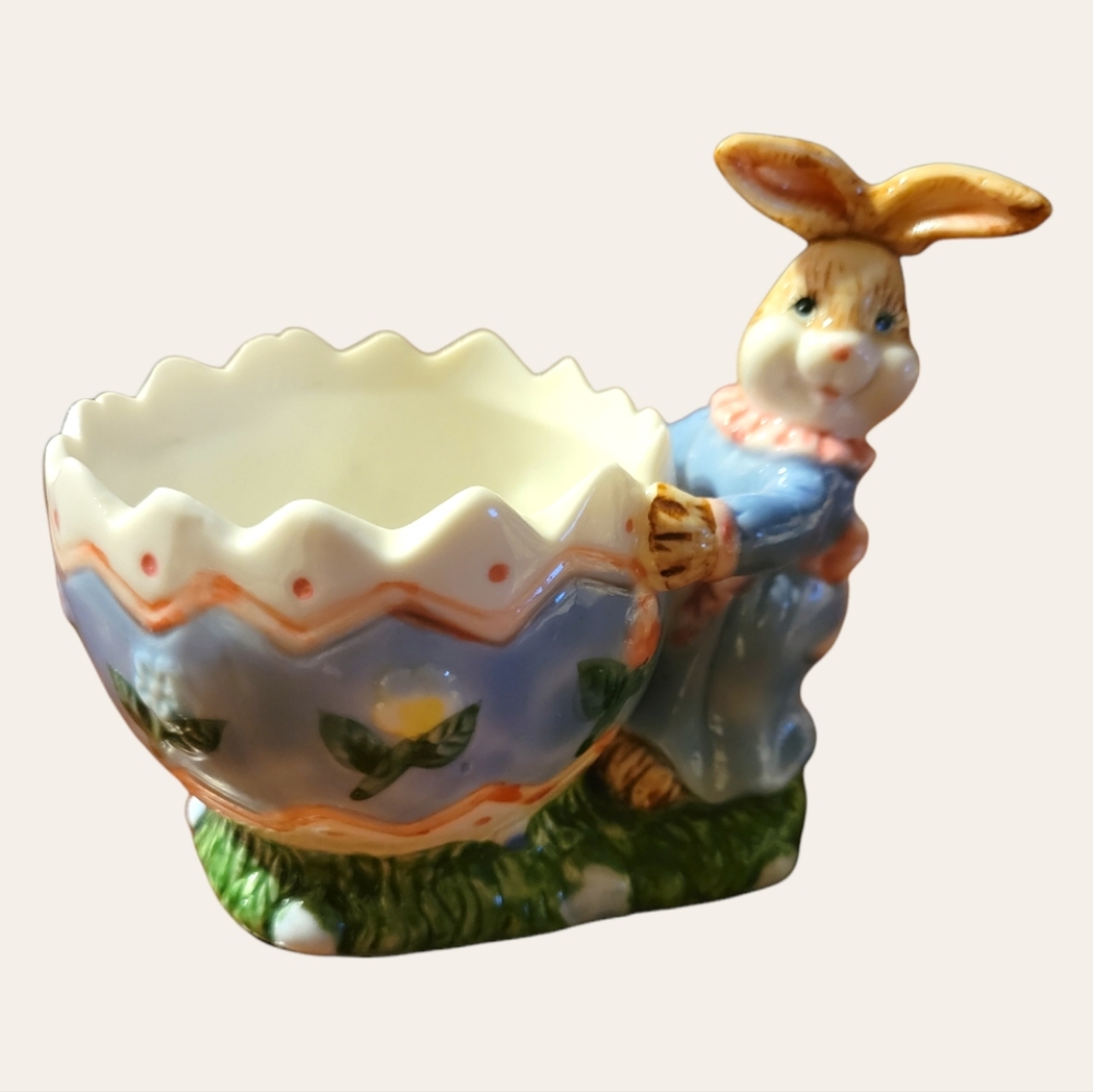 Vtg Candy Jellybean Dish Bowl Easter Bunny Rabbit Egg Flowers Candle Holder